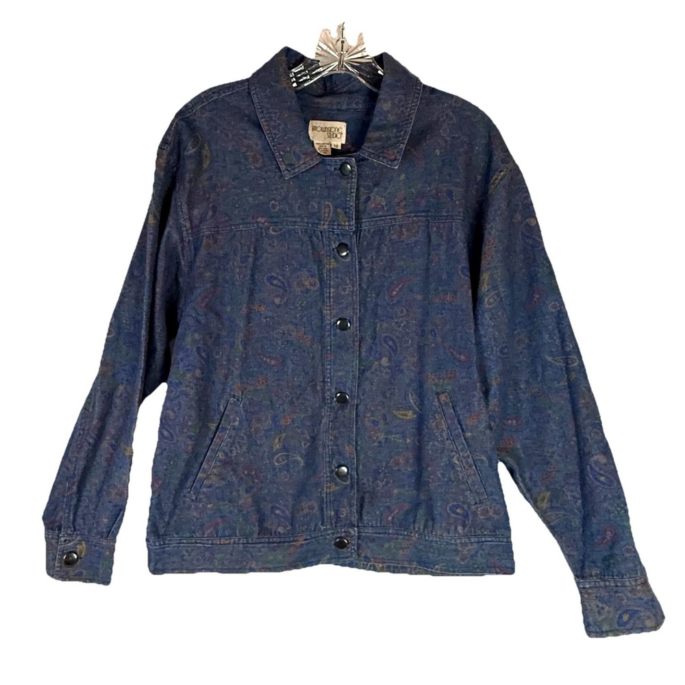Vintage 90s Paisley Denim Jacket Womens 12 Blue Floral Boho Western Casual - Picture 2 of 10